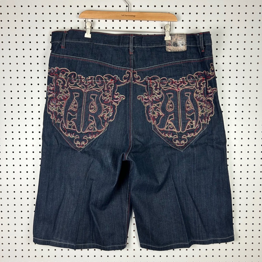 Red Ape Authentic Denim Shorts Size 46 Embroidered Baggy Y2K Hip Hop Gothic Blue